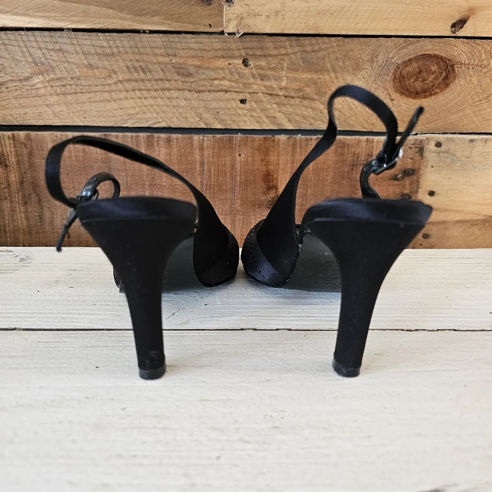 Nina "Camille" black satin & crystal peep toe slingback heels Size 6-1/2M - Picture 4 of 10